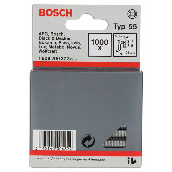 Bosch Accessories 1609200372 Schmalrückenklammern Typ 55 1000 St. Abmessungen (L x B) 16mm x 6mm Bosch Accessories 1609200372 Schmalrückenklammern Typ 55 1000 St. Abmessungen (L x B) 16mm x 6mm