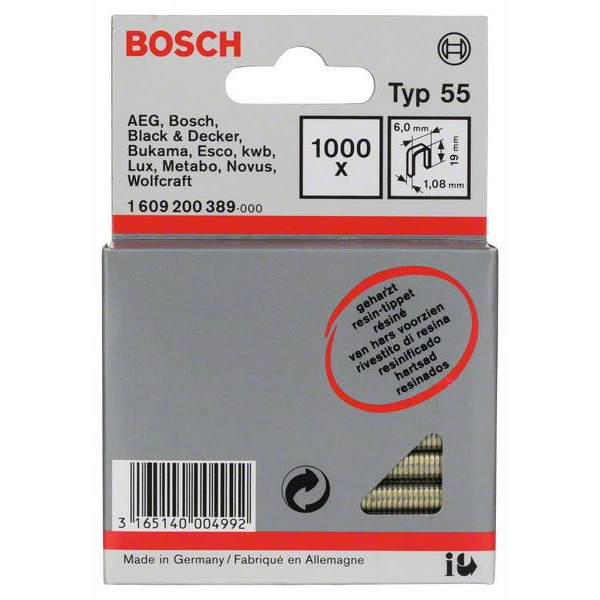 Bosch Accessories 1609200389 Schmalrückenklammern Typ 55 1000 St. Abmessungen (L x B) 19mm x 6mm Bosch Accessories 1609200389 Schmalrückenklammern Typ 55 1000 St. Abmessungen (L x B) 19mm x 6mm