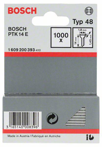 Verpackung mit 1000 Bosch Typ 48 Klammern, Modell PTK 14 E, passend für Klammergeräte, Maße: 14 mm lang, 1,8 mm breit.