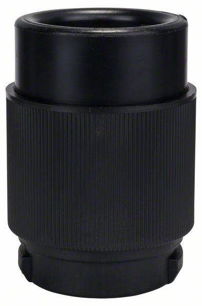 Ein schwarzer, zylindrischer Kunststoffadapter mit geriffelter Oberfläche.
