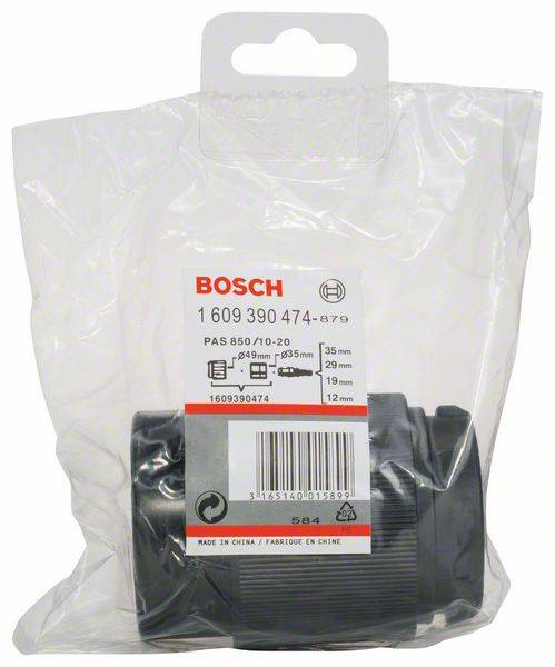 Plastikverpackung mit Bosch Ersatzteil. Beschriftung zeigt Modellnummer 1609390474. Geeignet für verschiedene Bohrergrößen.