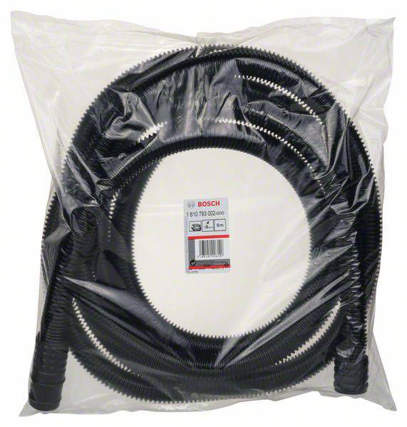 Verpackter schwarzer Saugschlauch für Elektrowerkzeuge, markiert mit dem Bosch-Logo und Produktinformationen auf dem Etikett.