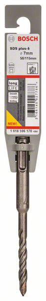 Verpackte Bosch SDS Plus-5 Bohrmaschine, 7 mm Durchmesser, Länge 160 mm. Produktinformationen auf Etikett.