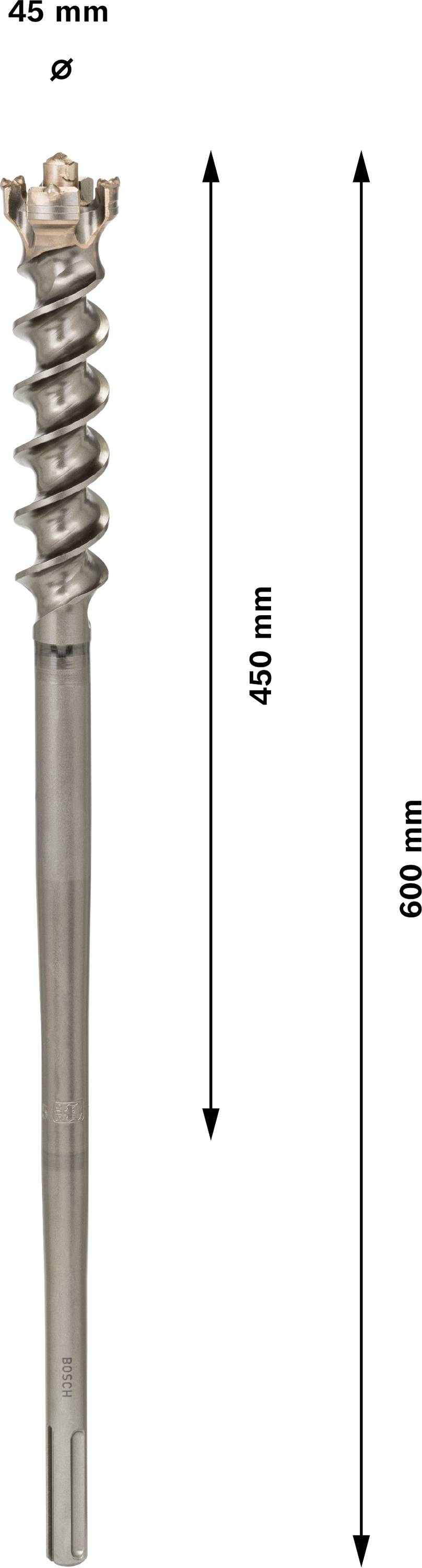 Ein Bohrer mit einem Durchmesser von 45 mm und einer Länge von 600 mm,  enthält einen spiralförmigen Abschnitt von 465 mm.