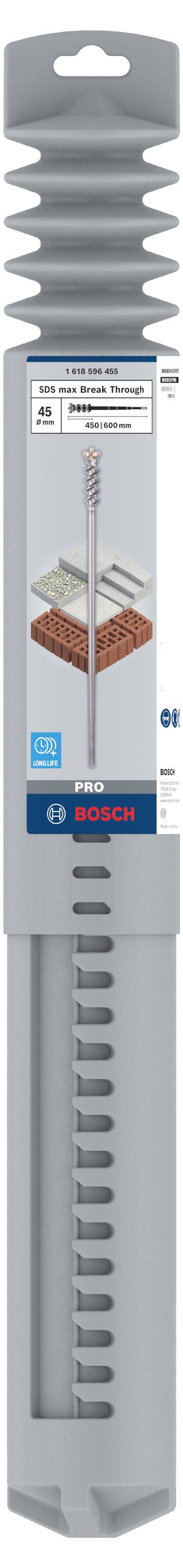 Eine graue Verpackung mit einem Bohrer für Beton mit SDS max Aufnahme, gezeigt in einer Illustration beim Bohren in Beton.