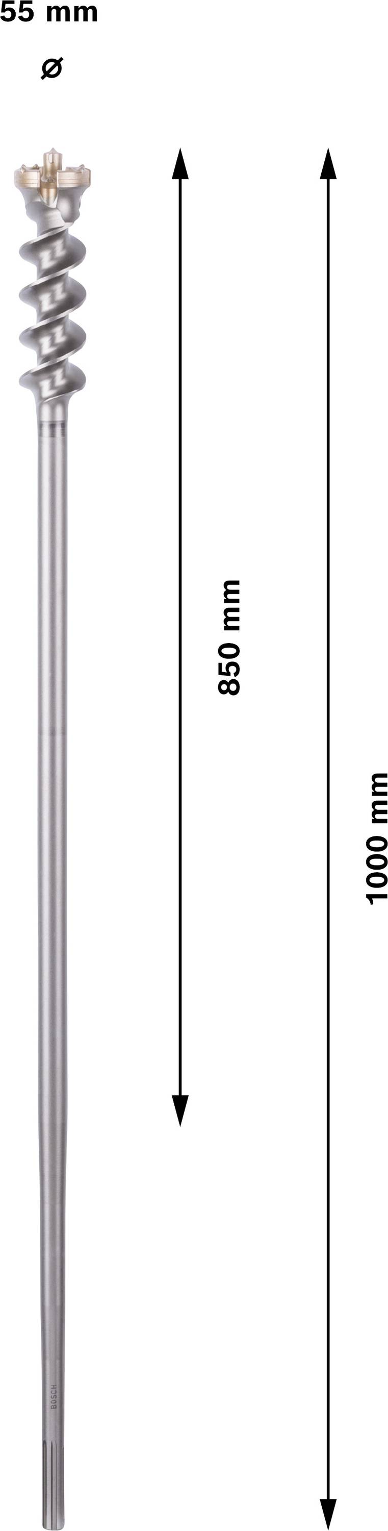 Ein metallisches Bohrwerkzeug mit einer Gesamtlänge von 1000 mm. Der Bohrkopf hat einen Durchmesser von 55 mm und eine Länge von 849 mm.