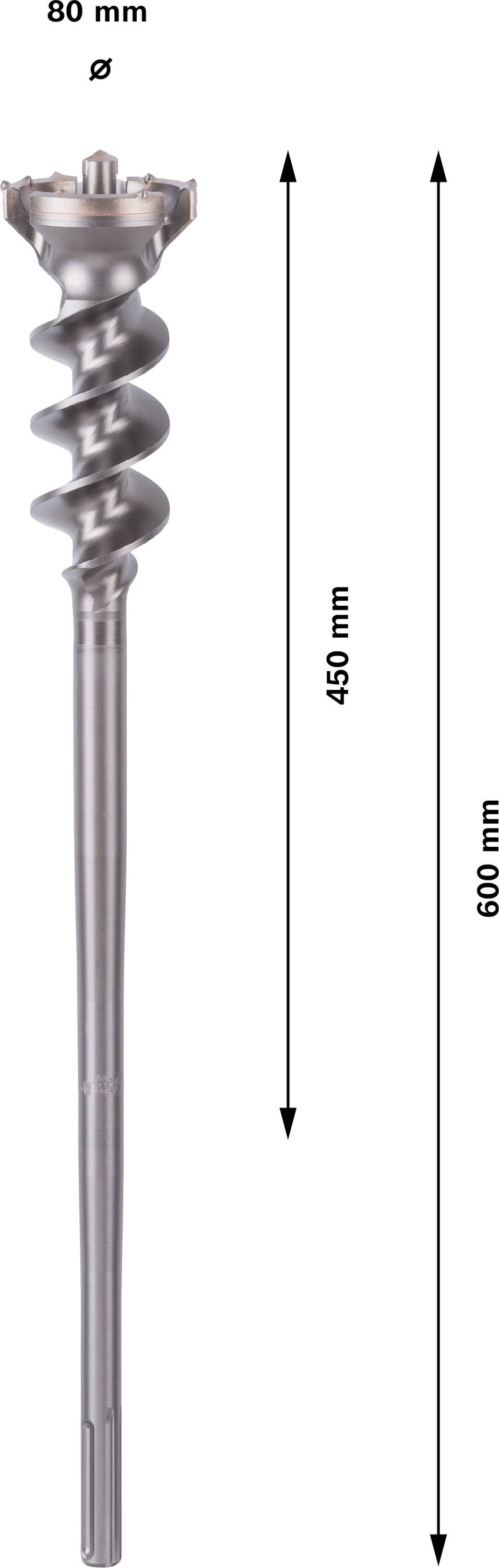 Bohrer mit Spiraldesign, 600 mm lang und 80 mm Durchmesser. Enthält Markierungen für 465 mm Länge und 80 mm Durchmesser.