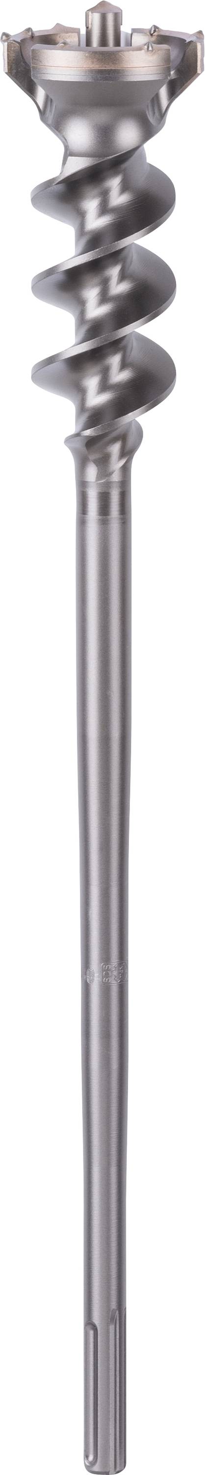 Ein metallischer Bohrer mit spiralförmigem Schaft und spitzer Spitze, geeignet für das Bohren in harte Materialien wie Beton.