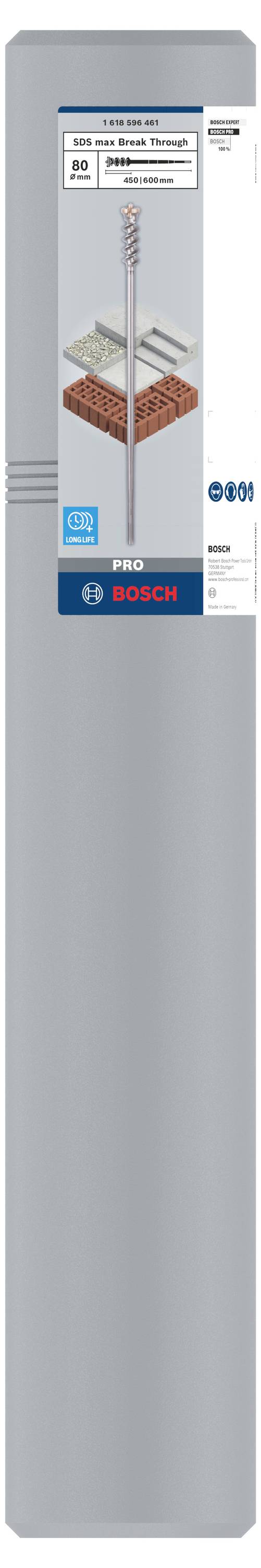 'Bosch Betonbohrer 20 x 400 mm' auf grauer Verpackung, mit Bild des Bohrers und Anwendung in verschiedenen Materialien wie Beton.