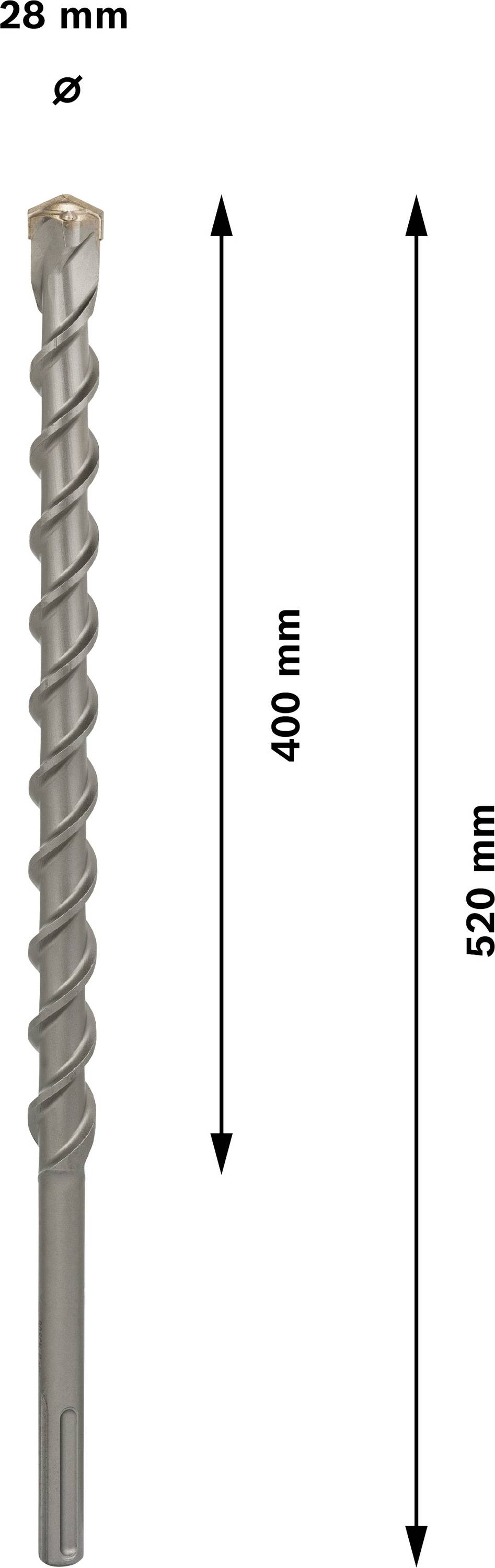 Bohrer mit 28 mm Durchmesser, 520 mm Gesamtlänge, 400 mm Arbeitslänge. Geeignet für professionelle Bohrarbeiten.