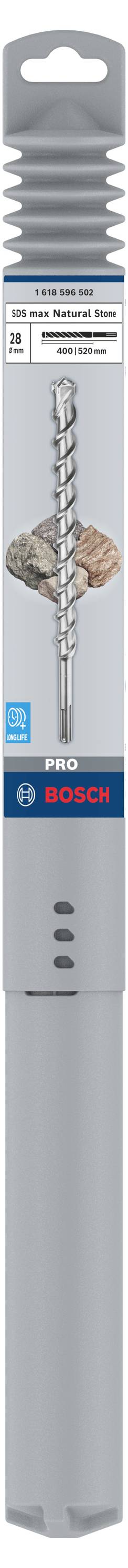 Verpackung für einen Bosch Bohrer, geeignet für Beton, Mauerwerk und Stein; zeigt ein Bild des Bohrers und spezifizierte Anwendungsbereiche.