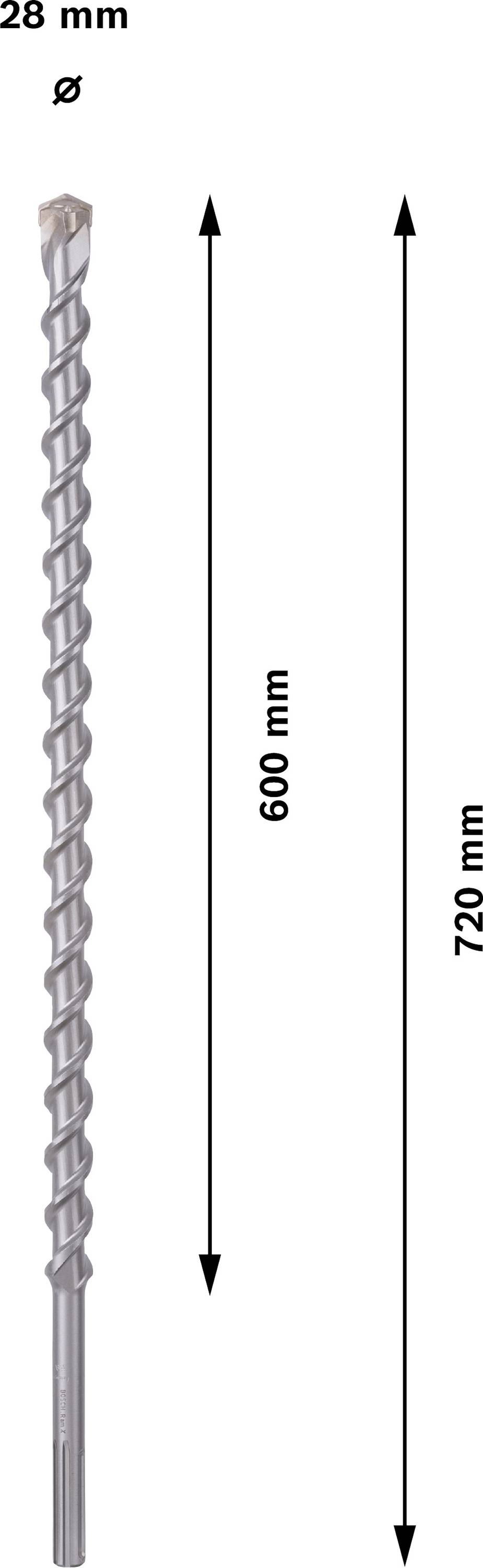 Bohrer mit 28 mm Durchmesser und Länge von 720 mm, davon Nutzlänge 600 mm, dargestellt mit Pfeilen auf hellem Hintergrund.