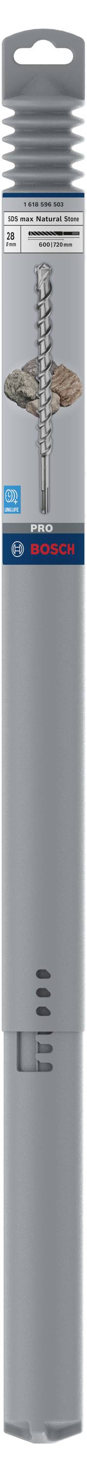 Verpackung eines Universalbohrers mit blauer und grauer Gestaltung, zeigt Bild des Bohrers, geeignet für verschiedene Materialien.