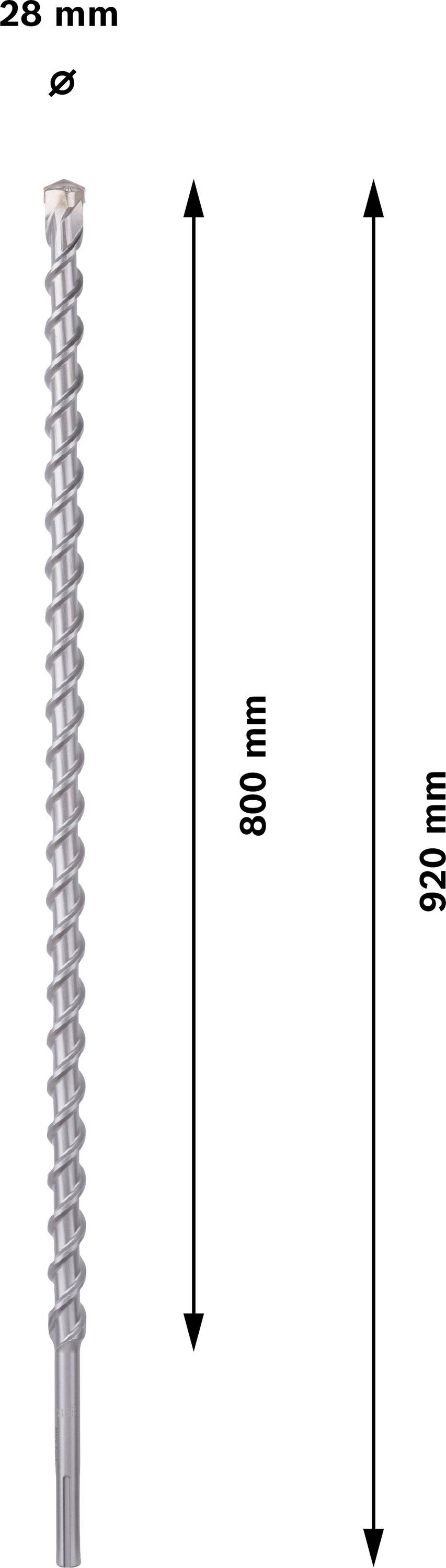 Bohrer mit einem Durchmesser von 28 mm und einer Gesamtlänge von 920 mm. Spiralförmiges Design, Hauptnutzlänge beträgt 800 mm.