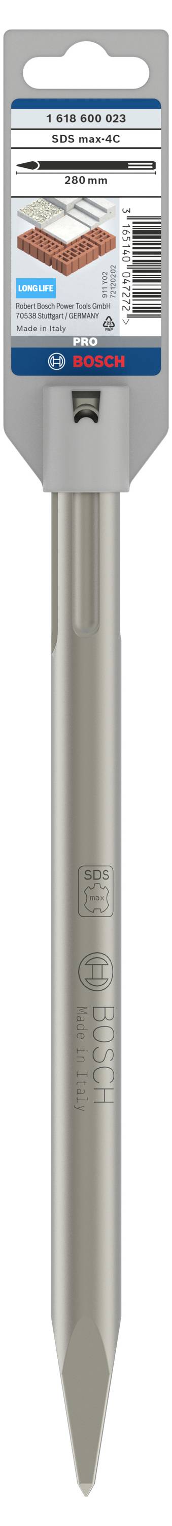 Ein silberner Bohrer mit Verkaufsverpackung für 'Bosch SDS Plus-5X'. Geeignet für Mauerwerk mit ATF-Technologie für sauberes Bohren.