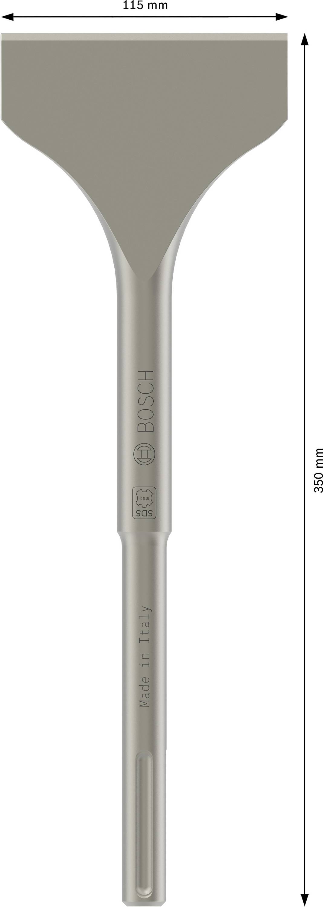 Ein Meißel mit einer Breite von 115 mm und einer Gesamtlänge von 350 mm. Markenlogo und Beschriftung auf dem Schaft zu sehen.