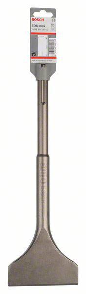 Flachmeißel mit SDS-max-Aufnahme von Bosch, geeignet für Stein- und Betonbearbeitung. Verpackung mit Produktinformationen oben.