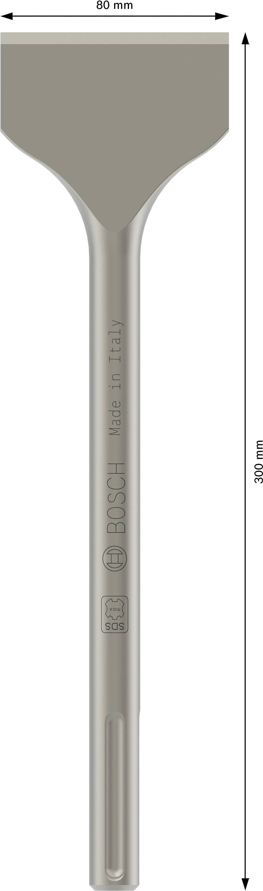 Bosch Flachmeißel aus Stahl, 300 mm lang, 80 mm breit, hergestellt in Italien. Geeignet für präzises Meißeln und Abtragen von Material.