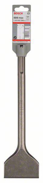 Flachmeißel von Bosch mit SDS Max Schaft, geeignet für Abbrucharbeiten. Länge: 400 mm, Breite: 50 mm. Auf Haken präsentiert.