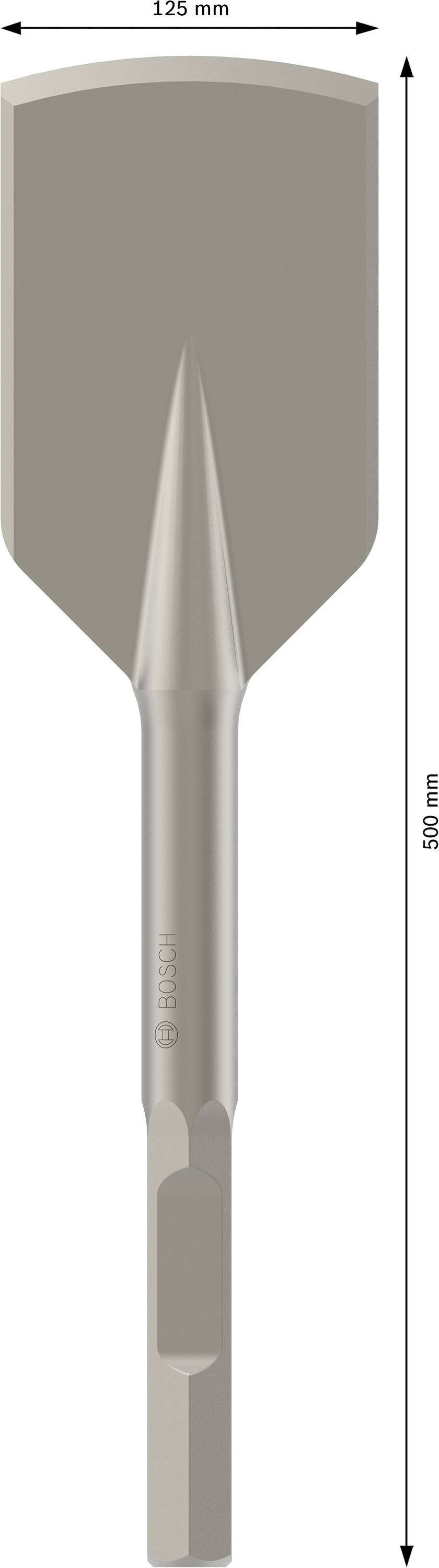 Breiter Meißelaufsatz mit 125 mm Breite und 180 mm Länge. Geeignet für Hammerarbeiten an Mauerwerk oder Beton.