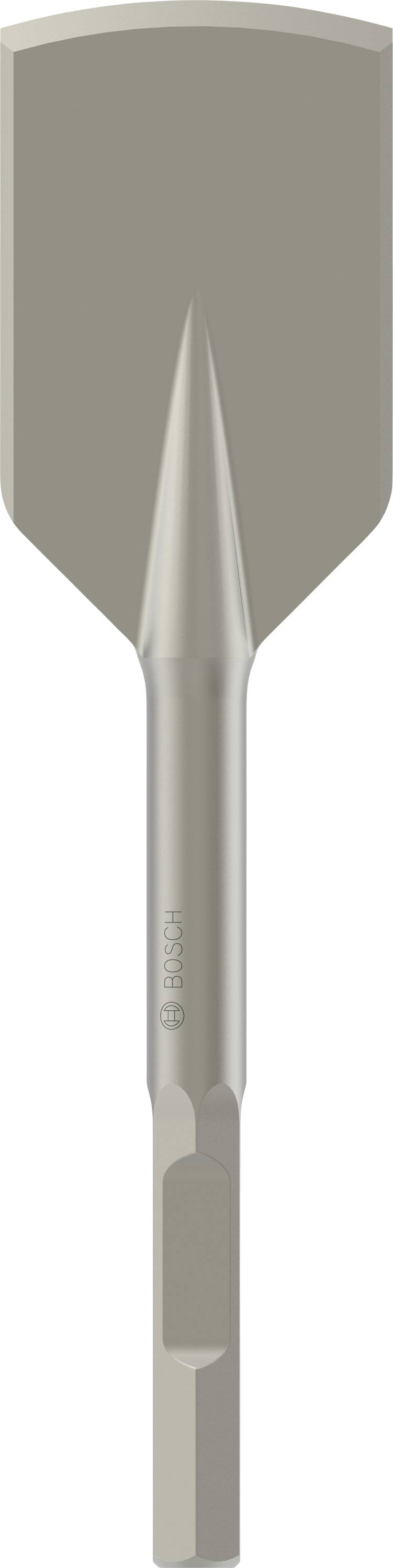 Ein grauer Meißel mit sechskantigem Schaft, geeignet für Anwendungen wie Meißelarbeiten und Materialabtrag in der Bauindustrie.