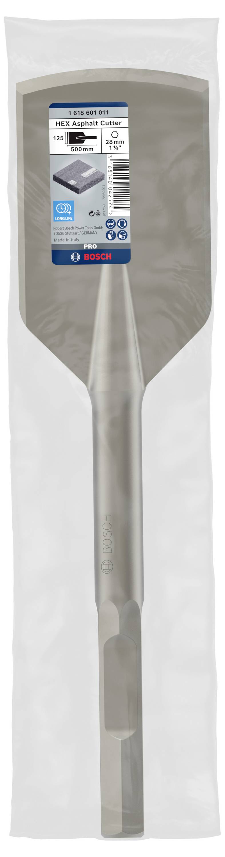 Ein Bosch-Spatmeißel in einer transparenten Verpackung. Der Meißel hat eine sechseckige Form mit einem blauen Etikett.