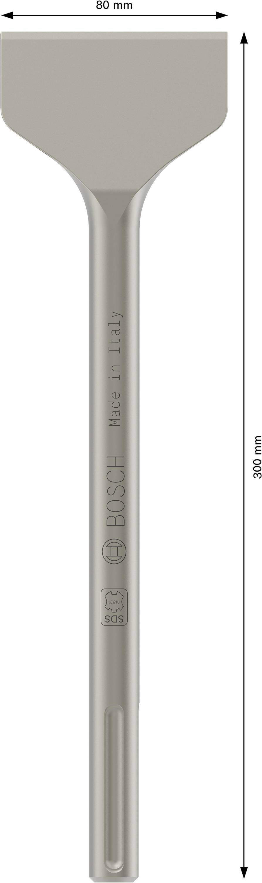 Flachmeißel mit SDS-max Schaft, Länge 300 mm, Breite 80 mm, geeignet für Abbrucharbeiten; Aufschrift: 'BOSCH Made in Italy'.