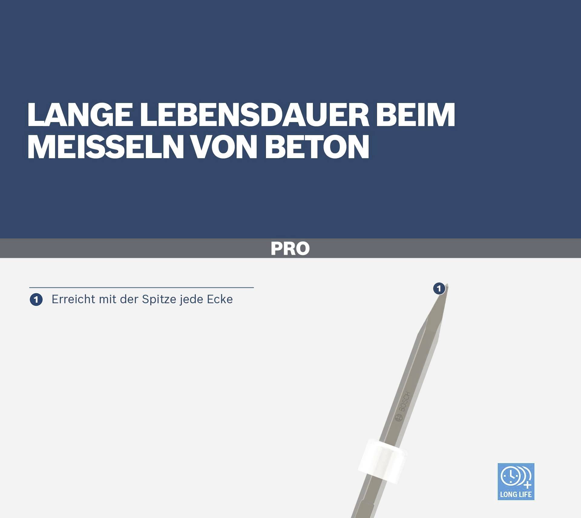 'Lange Lebensdauer beim Meißeln von Beton. Erreicht mit der Spitze jede Ecke.' Ein Meißel für Betonarbeiten mit Fokus auf Haltbarkeit.
