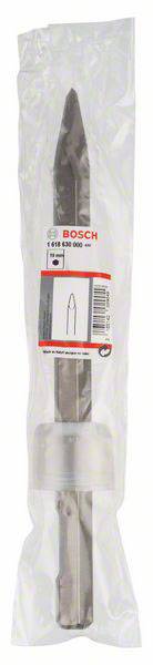 Ein Bosch Spitzmeißel ist in einer transparenten Plastikverpackung abgebildet. Das Etikett zeigt Produktinformationen und ein Symbol.