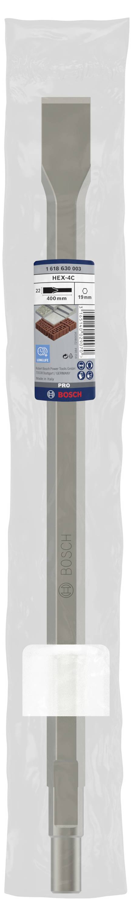 Meißel in Kunststoffverpackung, primär für Betonbearbeitung. Herstelleretikett mit Produktinformationen der Marke sichtbar.
