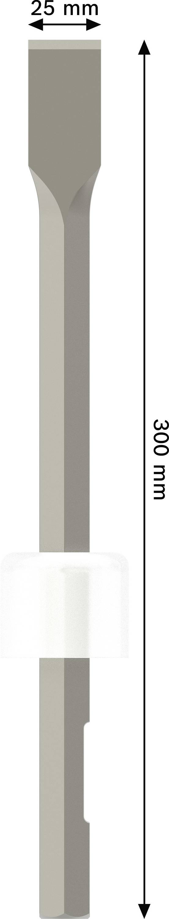 Flachfräsbohrer mit 25 mm Breite und 300 mm Länge; zeigt Abmessungen und Formen der Bohrspitze und Schaft.