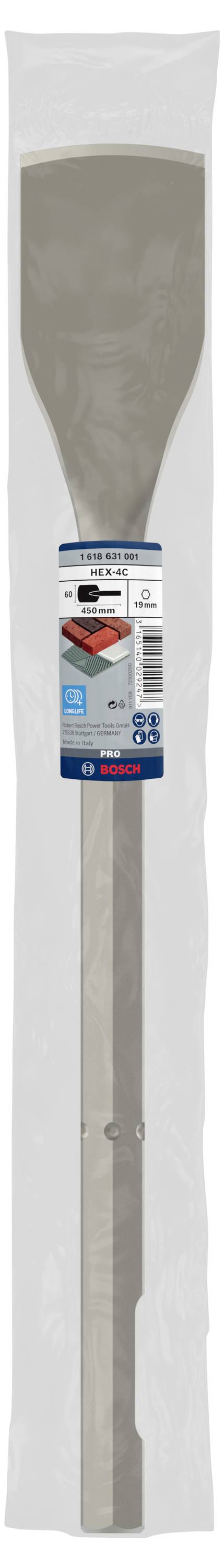 Ein grauer Spaten mit langem Stiel und breitem Blatt, verpackt in Plastik. Produktetikett zeigt Marke und Spezifikationen auf der Vorderseite.