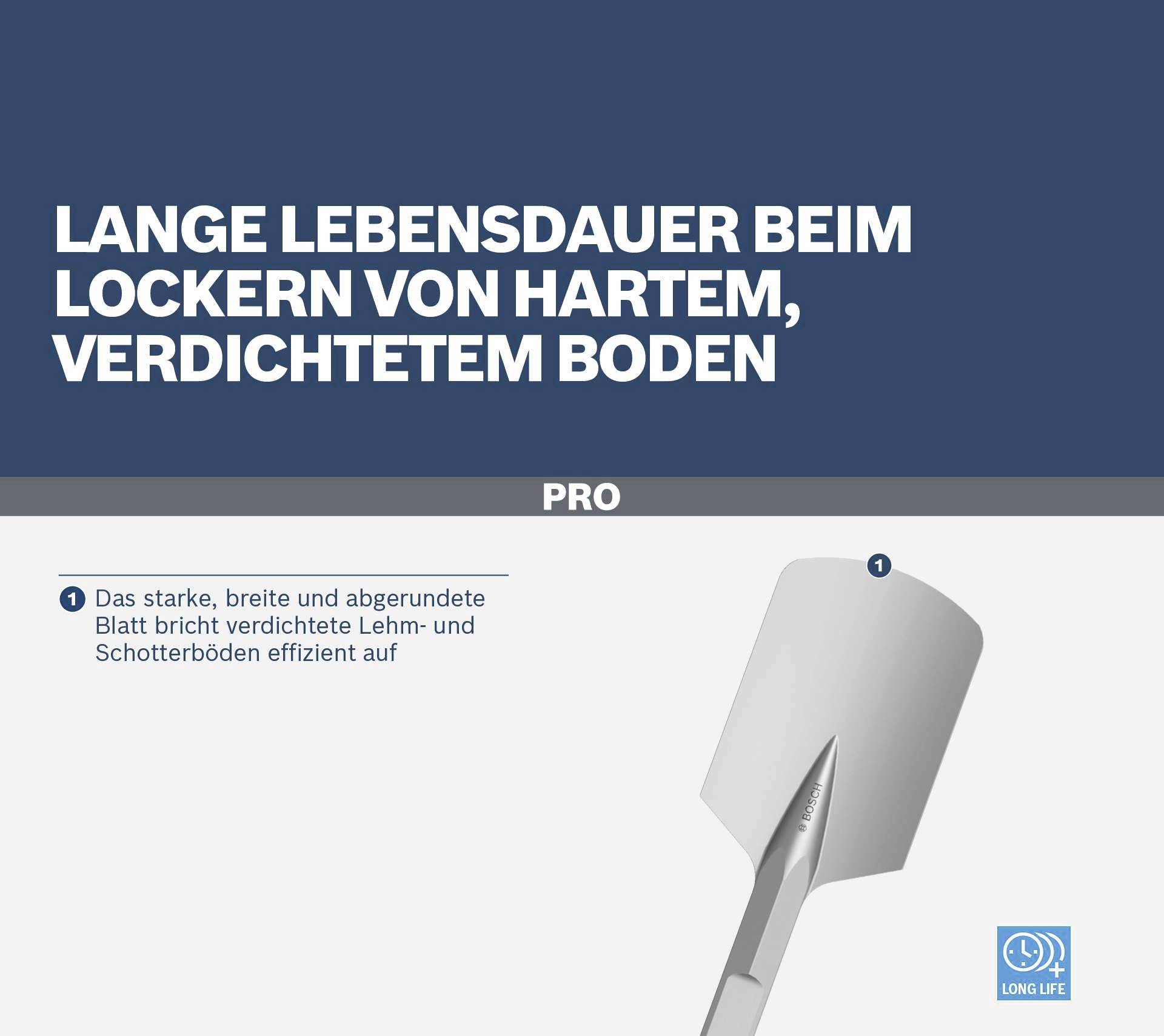 Lange Lebensdauer beim Lockern von hartem, verdichtetem Boden. Starke, breite Schaufel bricht Lehm- und Schotterböden effizient auf.