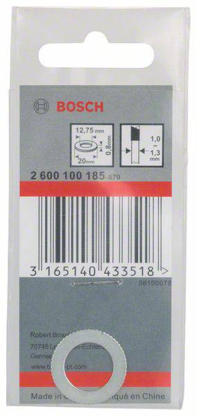 'Bosch'-Verpackung mit einer Unterlegscheibe. Maße oben: 12,75mm x 20mm. Barcode und Textdetails darunter sichtbar.