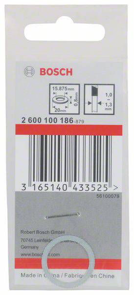 Eine Verpackung von Bosch-Unterlegscheiben, Produktnummer 2 600 100 186, enthält technische Spezifikationen und einen Barcode.