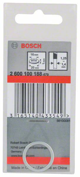 'Bosch'-Verpackung für Ersatzteil. Zeigt Produktgröße: 16mm ø, 20mm ø, 1,25mm, 1,4mm. Barcode und Herstellungsort China.