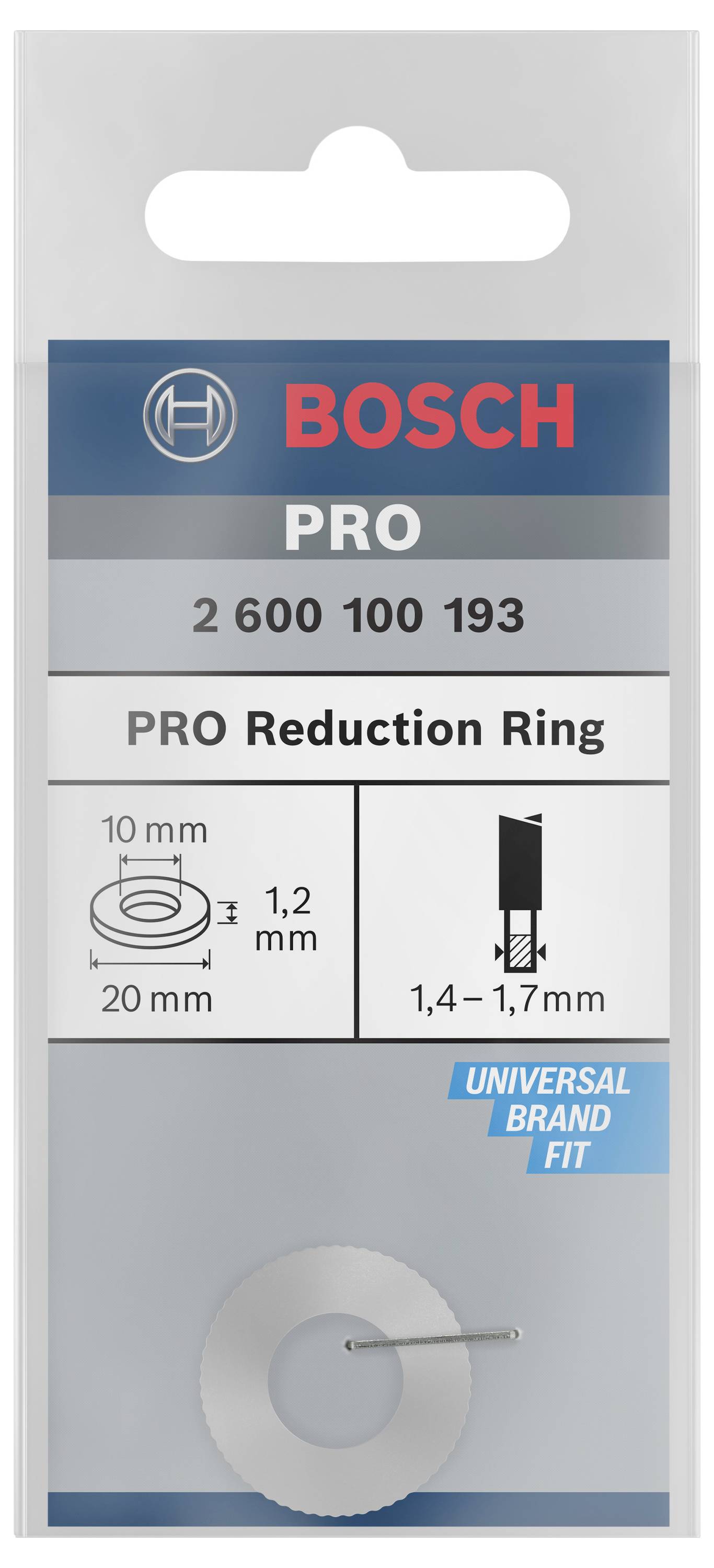 Verpackung eines Bosch PRO Reduzierringes, Artikelnummer 2 600 100 193, zeigt Maße von 10 mm x 20 mm und Dickenangaben von 1,2 mm und 1,4–1,7 mm.