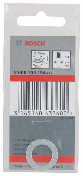 Eine Bosch-Ersatzscheibe, Produktnummer 2 600 100 194, mit Abmessungen 12,75 mm Durchmesser und 1,4 mm Stärke, in der Originalverpackung.