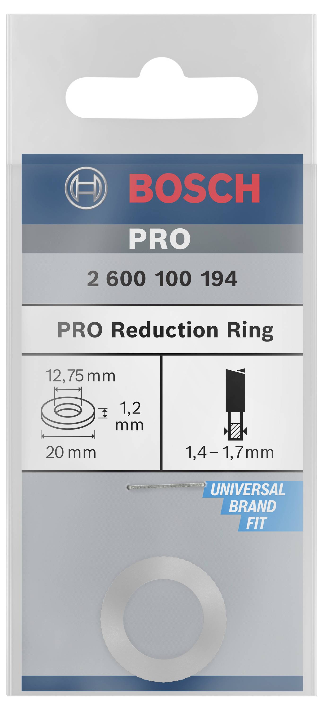 Verpackung eines Bosch PRO Reduzierrings, Artikelnummer 2 600 100 194. Geeignet für Durchmesser von 12,75 mm und Dicke von 1,4–1,7 mm.