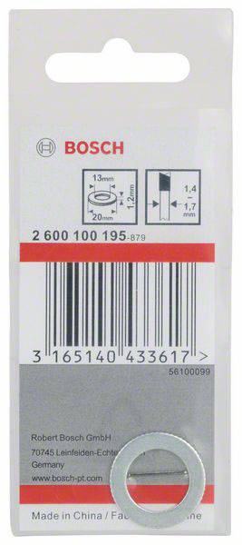 Verpackung einer Bosch-Unterlegscheibe mit Produktcode, Barcode und Größenangaben. Made in China, hergestellt von Robert Bosch GmbH.
