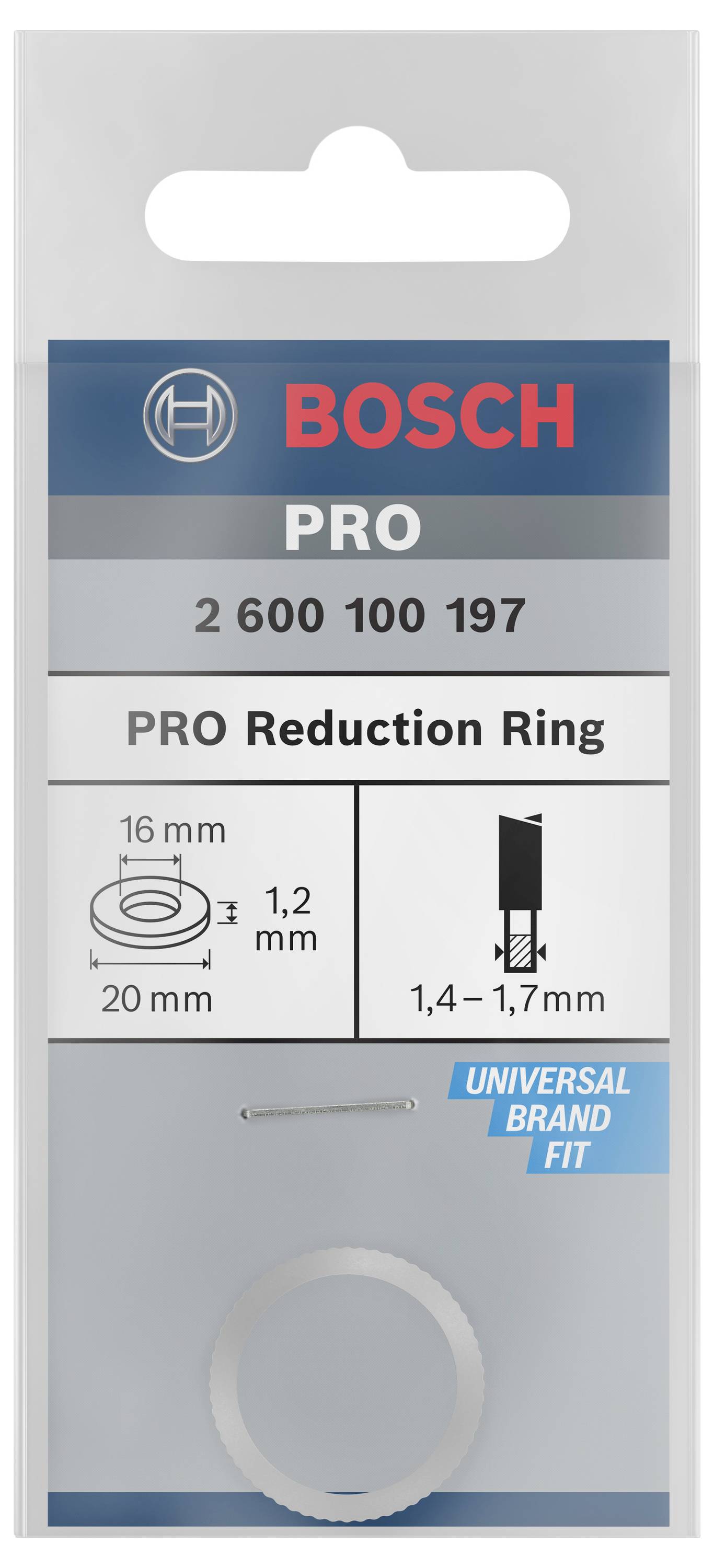 Verpackung eines Bosch PRO Reduzierrings, Artikelnummer 2 600 100 197. Passend für Werkzeuge, Durchmesser 20 mm, Dicke 1,2 mm.