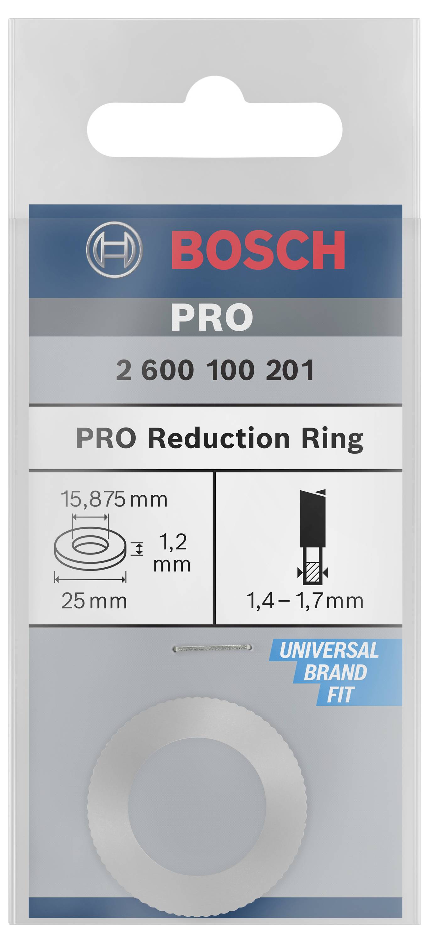Reduzierring-Set von Bosch mit den Maßen 25 mm Außendurchmesser und 15,875 mm Innendurchmesser. Geeignet für Universalmarken.