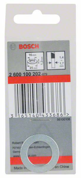 Die Verpackung zeigt eine Bosch Unterlegscheibe mit Barcode. Maße: 16 mm Innendurchmesser, 25 mm Außendurchmesser, Dicke 1,6 mm.