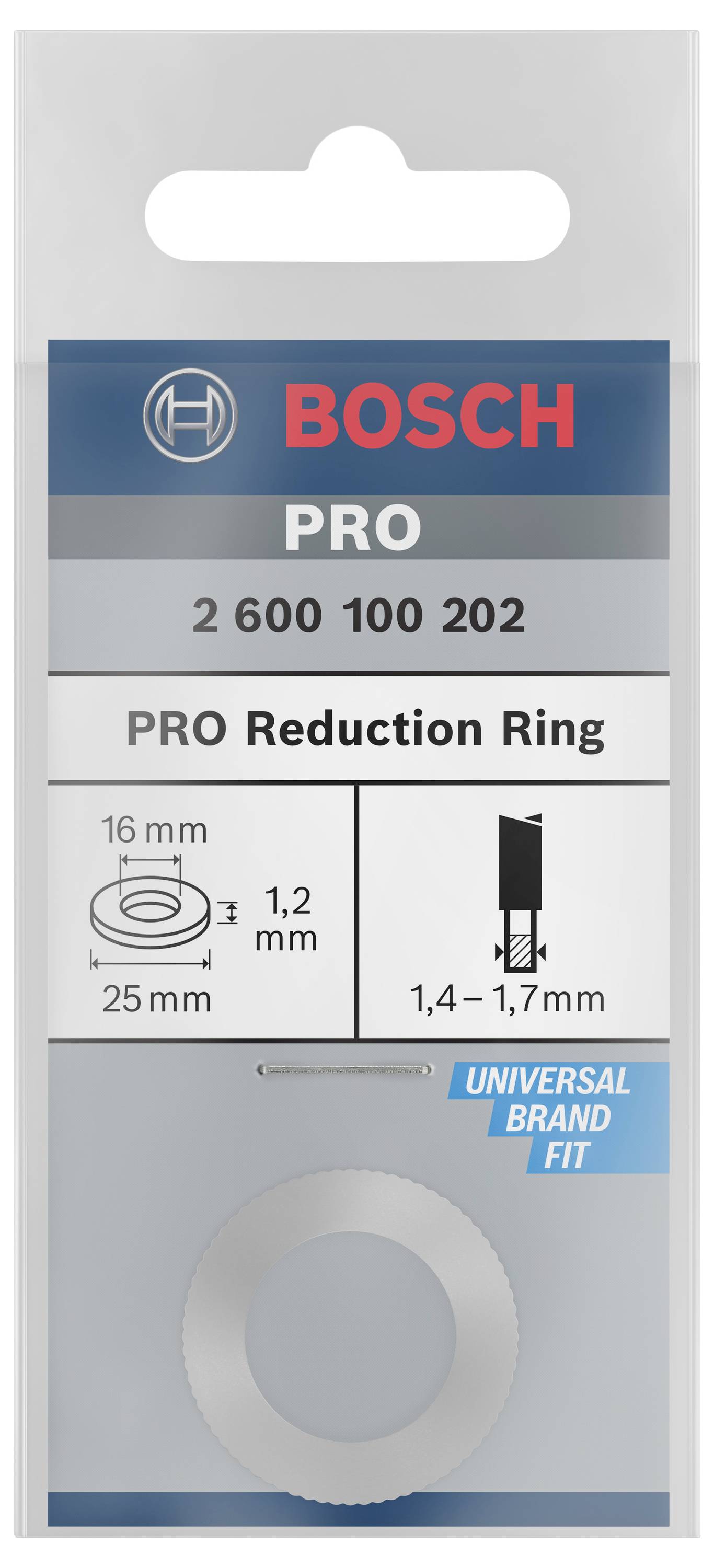 Bosch PRO Reduzierring 2 600 100 202, 16 mm auf 25 mm, Dicke 1,2 mm. Schnitttiefe: 1,4-1,7 mm. Universelle Markenanpassung.
