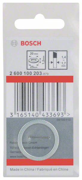 Bosch Verpackung für Unterlegscheiben. Zeigt Abmessungen: Außen 20 mm, Innen 13 mm, Dicke 1,4 mm. Barcode und Made in China.
