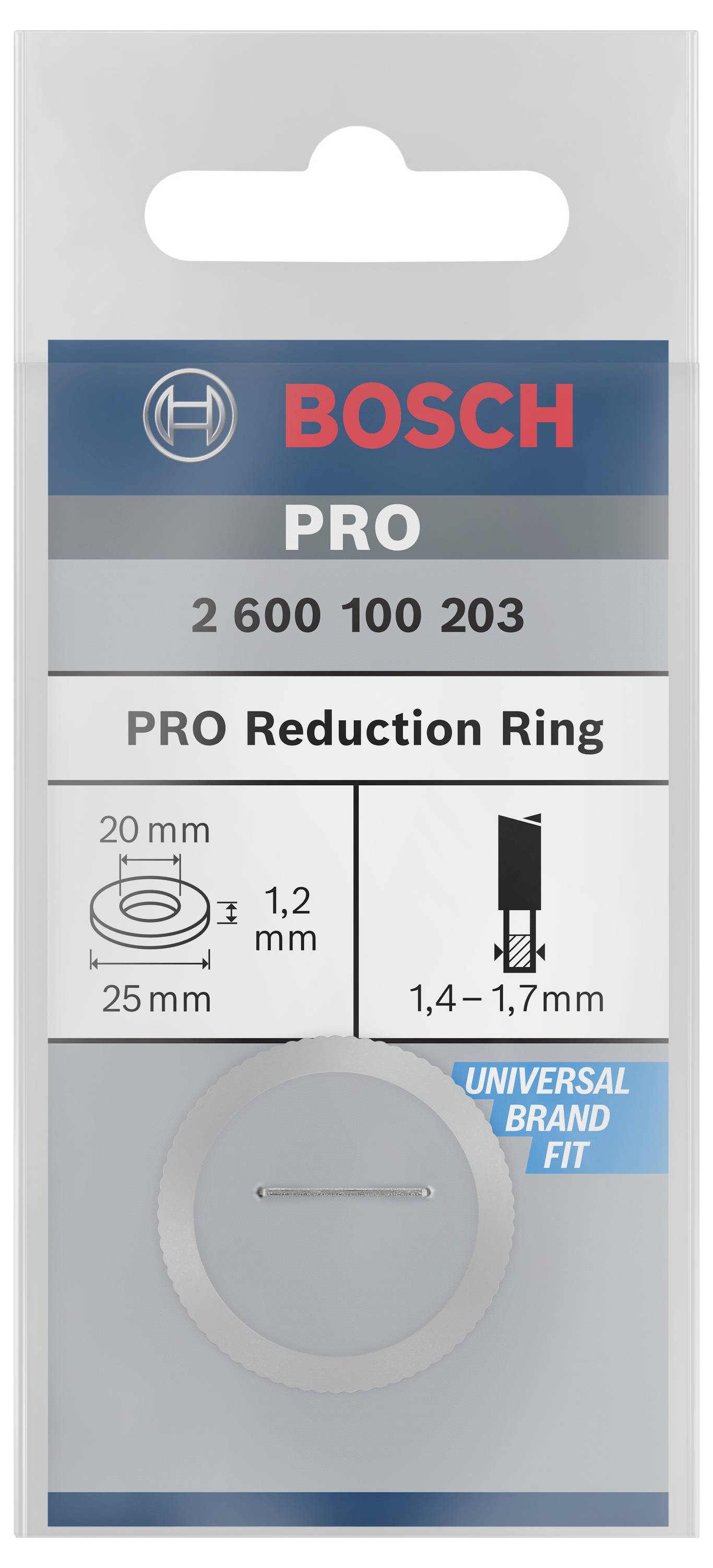 Bosch Pro Reduzierring-Verpackung, enthält einen Reduzierring von 25 mm auf 20 mm. Eignet sich für Universalgeräte, nutzbar mit 1,2 mm und 1,4–1,7 mm dicken Blättern.