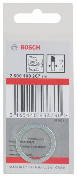 Verpackung für Bosch Werkzeugteil, enthält Barcode, Herstelleradresse und Hinweis 'Made in China'. Zeigt eine Unterlegscheibe.