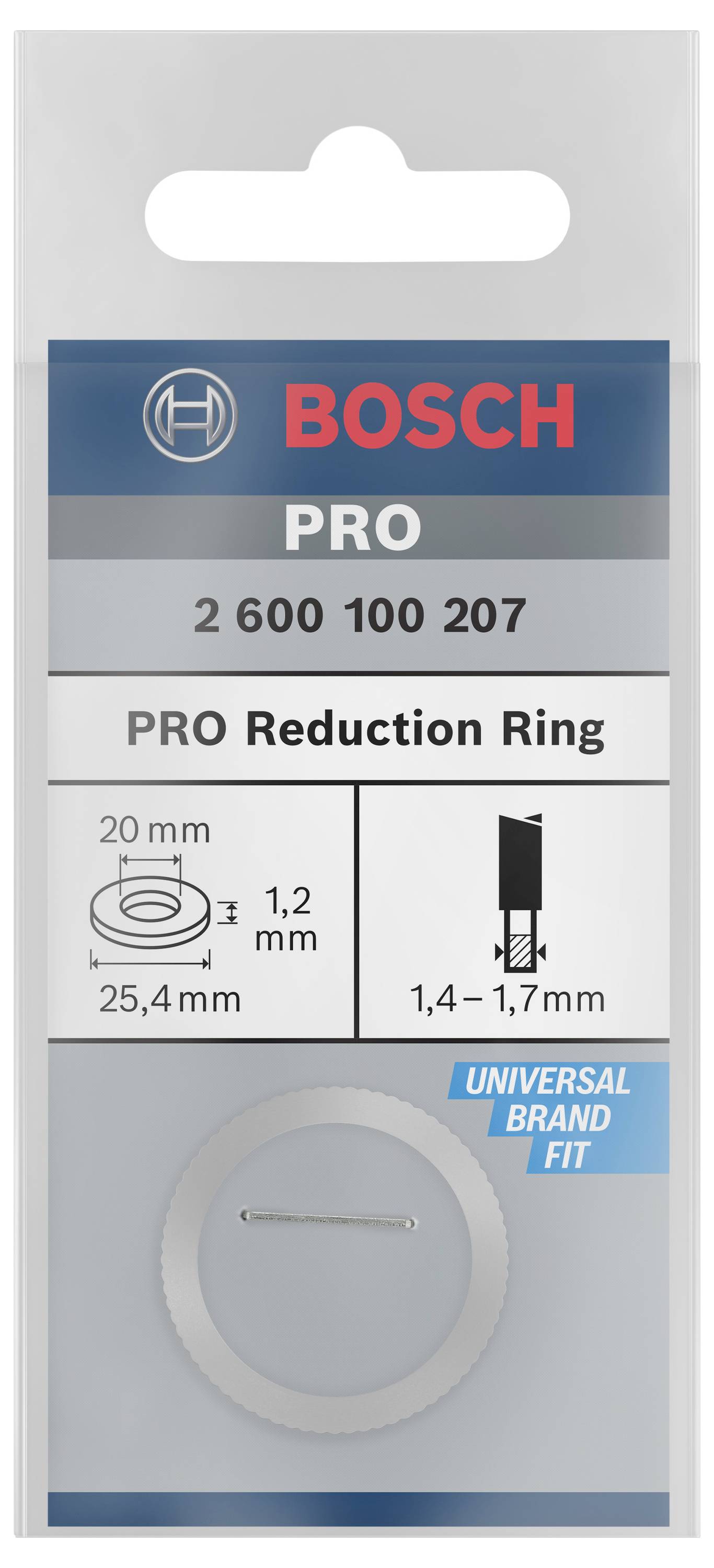 Bosch PRO Reduzierring 20 mm auf 25,4 mm, Stärke 1,2 mm, geeignet für Universalgeräte.