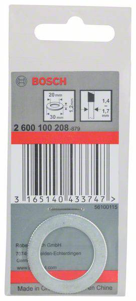 Verpackung einer Bosch-Unterlegscheibe aus Stahl, Durchmesser 30 mm, Stärke 1,2 mm. Produktnummer und Barcode sind sichtbar.