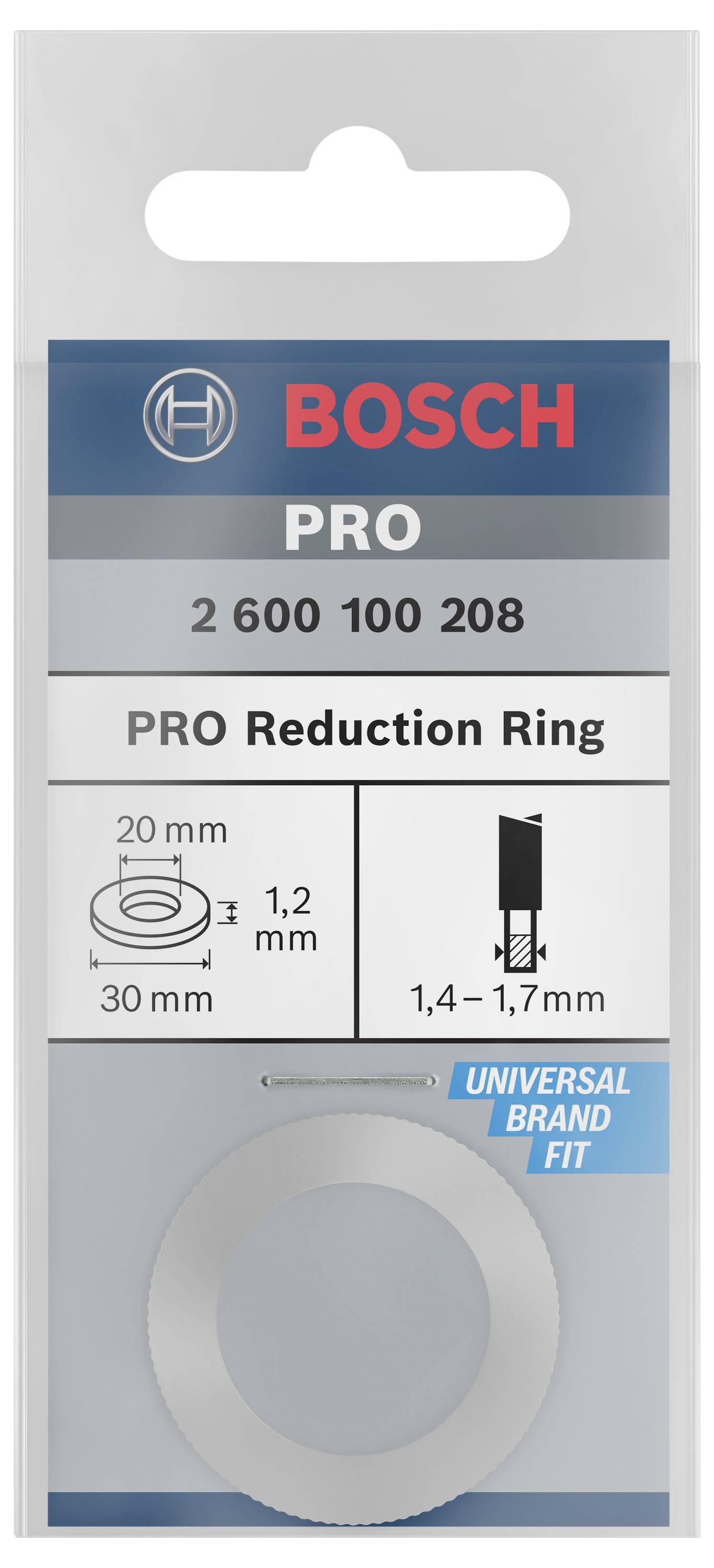 Bosch Pro Reduzierring-Verpackung mit Abbildungen: 20mm Innendurchmesser, 30mm Außendurchmesser, 1,2mm Breite. Universalgröße.